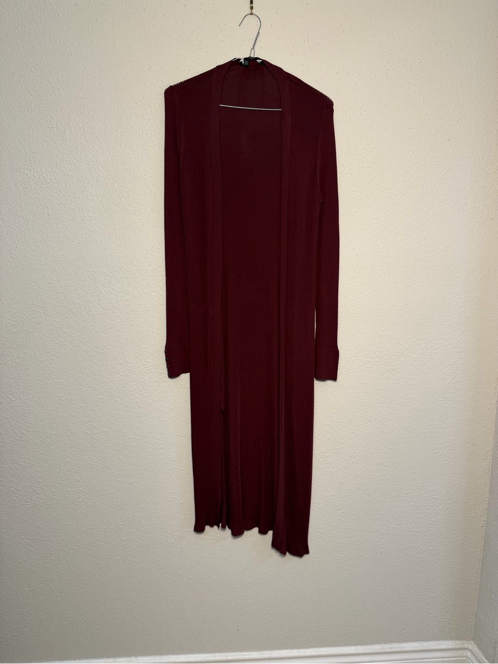 White House Black Market Ribbed Open-Front Cardigan in Wine